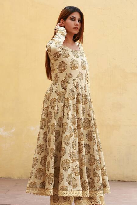Shop_Gulabo Jaipur_Beige Cotton Floral Boat Print Anarkali Set _Online_at_Aza_Fashions