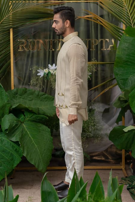 Runit Gupta_Grey Cotton Linen Acrylic Embroidered Bundi _Online_at_Aza_Fashions