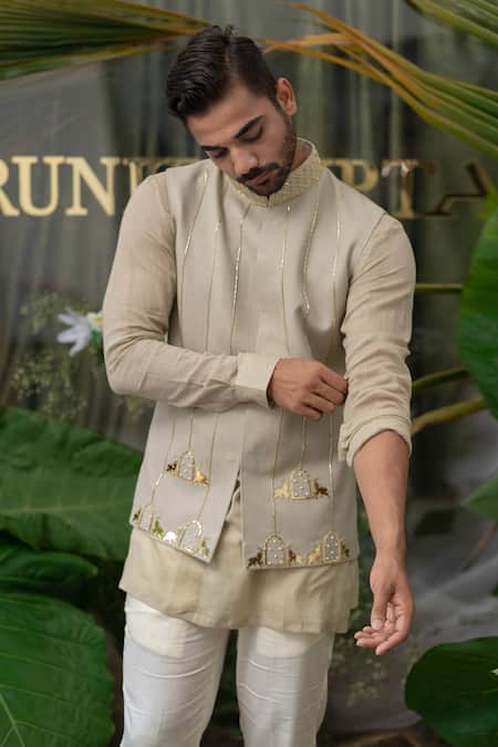 Buy_Runit Gupta_Grey Cotton Linen Acrylic Embroidered Bundi _Online_at_Aza_Fashions