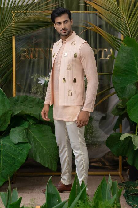 Runit Gupta Pink Cotton Linen Acrylic Front Open Bundi Online at Aza Fashions Runit Gupta_Pink Cotton Linen Acrylic Front Open Bundi _Online_at_Aza_Fashions