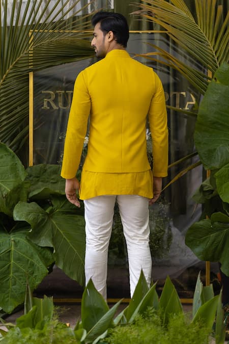Shop_Runit Gupta_Yellow Glazed , Pure Kurta Pant Set _at_Aza_Fashions