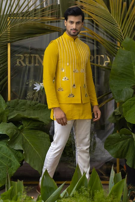 Runit Gupta_Yellow Glazed , Pure Kurta Pant Set _Online_at_Aza_Fashions