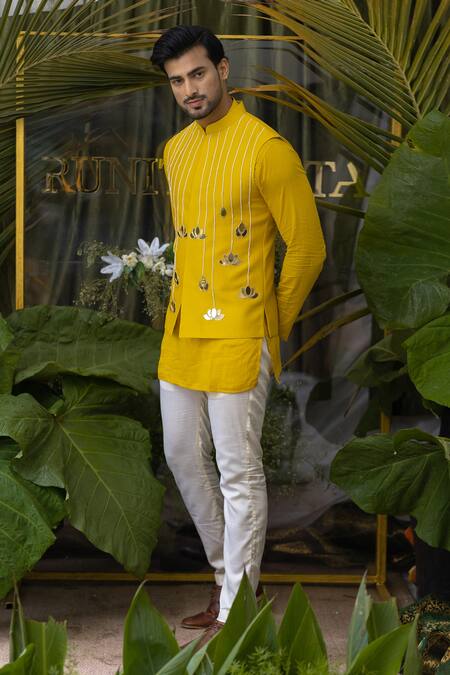 Buy_Runit Gupta_Yellow Glazed , Pure Kurta Pant Set _Online_at_Aza_Fashions