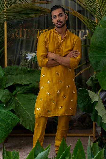 Runit Gupta_Yellow Chanderi Silk Embroidered Acrylic Work Kurta Set _Online_at_Aza_Fashions
