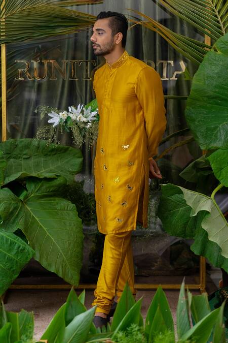 Shop_Runit Gupta_Yellow Chanderi Silk Embroidered Acrylic Work Kurta Set _Online_at_Aza_Fashions