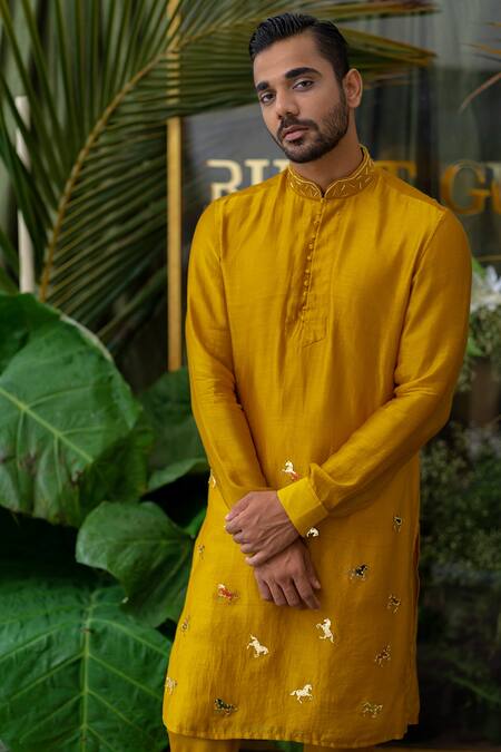 Runit Gupta_Yellow Chanderi Silk Embroidered Acrylic Work Kurta Set _at_Aza_Fashions
