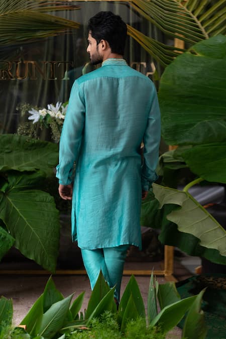 Shop Runit Gupta Blue Cotton, Chanderi Silk Acrylic Work Kurta Set at Aza Fashions Shop_Runit Gupta_Blue Cotton, Chanderi Silk Acrylic Work Kurta Set_at_Aza_Fashions