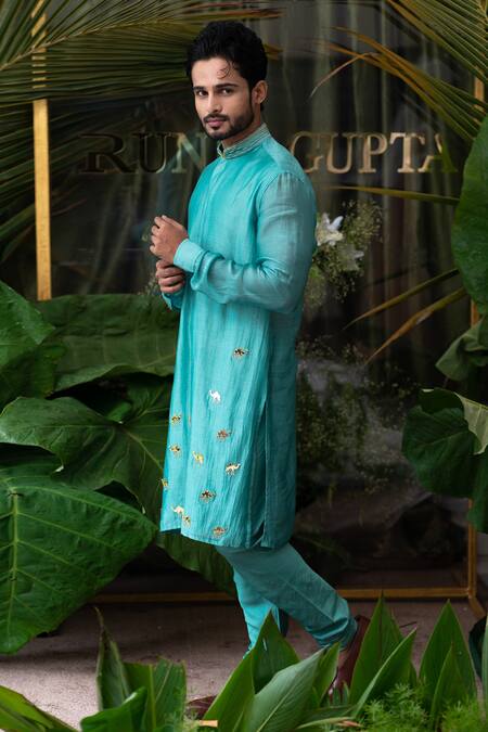 Runit Gupta Blue Cotton, Chanderi Silk Acrylic Work Kurta Set Online at Aza Fashions Runit Gupta_Blue Cotton, Chanderi Silk Acrylic Work Kurta Set_Online_at_Aza_Fashions