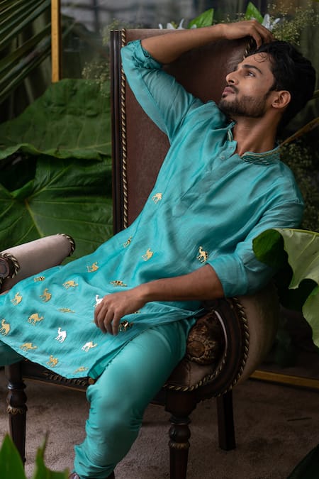 Buy Runit Gupta Blue Cotton, Chanderi Silk Acrylic Work Kurta Set Online at Aza Fashions Buy_Runit Gupta_Blue Cotton, Chanderi Silk Acrylic Work Kurta Set_Online_at_Aza_Fashions