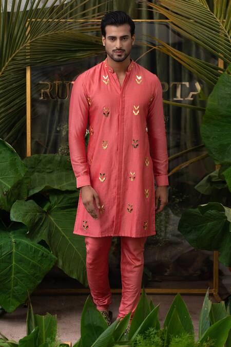Runit Gupta Coral Cotton, Chanderi Silk Acrylic Work Kurta Set Online at Aza Fashions Runit Gupta_Coral Cotton, Chanderi Silk Acrylic Work Kurta Set _Online_at_Aza_Fashions