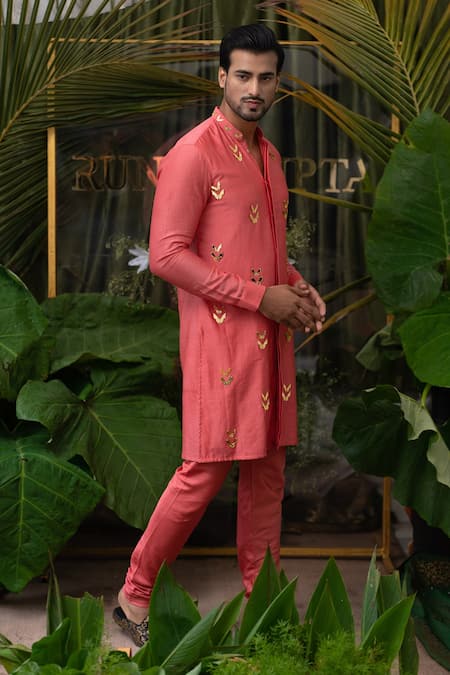 Buy Runit Gupta Coral Cotton, Chanderi Silk Acrylic Work Kurta Set Online at Aza Fashions Buy_Runit Gupta_Coral Cotton, Chanderi Silk Acrylic Work Kurta Set _Online_at_Aza_Fashions
