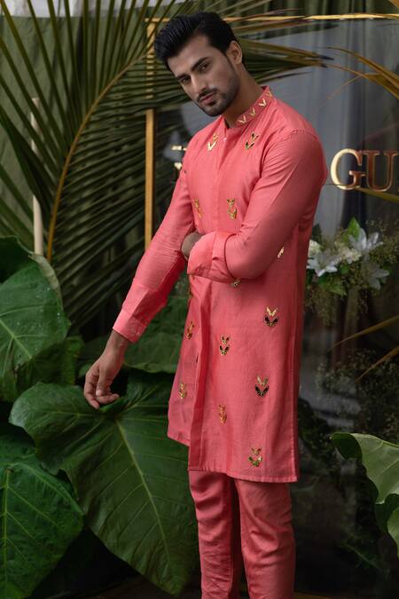 Shop Runit Gupta Coral Cotton, Chanderi Silk Acrylic Work Kurta Set Online at Aza Fashions Shop_Runit Gupta_Coral Cotton, Chanderi Silk Acrylic Work Kurta Set _Online_at_Aza_Fashions