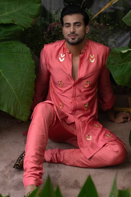 Runit Gupta Coral Cotton, Chanderi Silk Acrylic Work Kurta Set at Aza Fashions Runit Gupta_Coral Cotton, Chanderi Silk Acrylic Work Kurta Set _at_Aza_Fashions