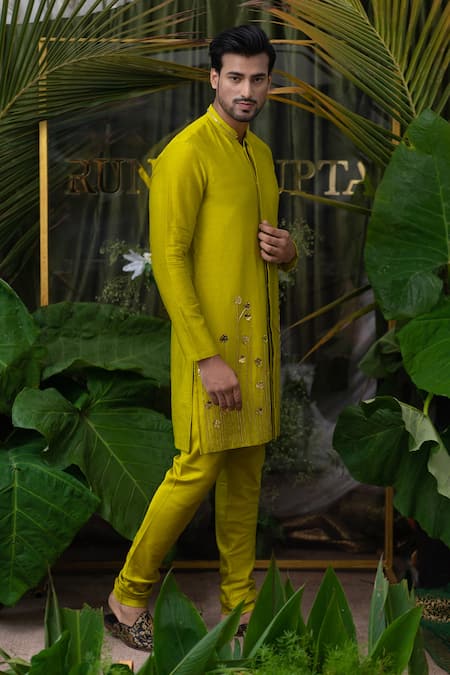 Runit Gupta_Green Cotton, Chanderi Silk Acrylic Work Kurta Set _Online_at_Aza_Fashions