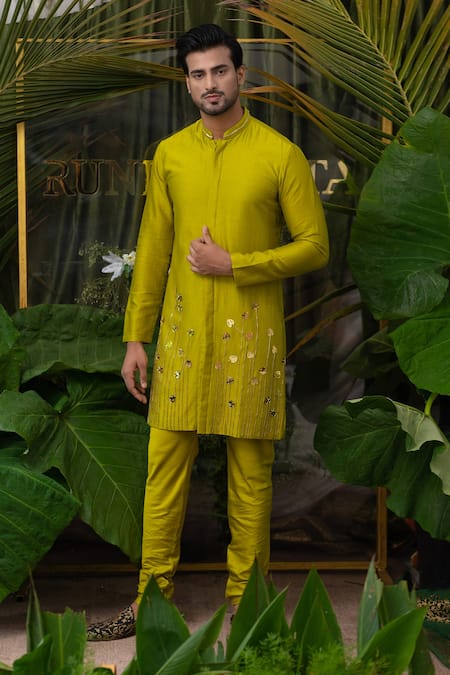 Buy_Runit Gupta_Green Cotton, Chanderi Silk Acrylic Work Kurta Set _Online_at_Aza_Fashions