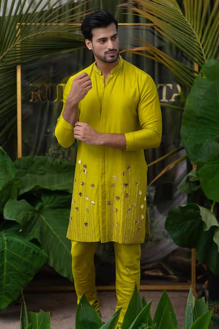 Shop_Runit Gupta_Green Cotton, Chanderi Silk Acrylic Work Kurta Set _Online_at_Aza_Fashions