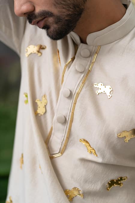 Runit Gupta_Ivory Chanderi Silk Embroidered Acrylic Work Kurta Set _at_Aza_Fashions