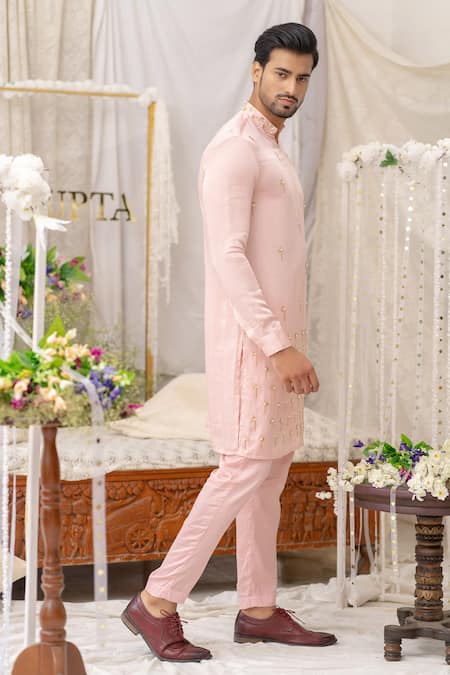 Runit Gupta_Coral Pure Cotton Embroidered Geometric Kurta Set _Online_at_Aza_Fashions