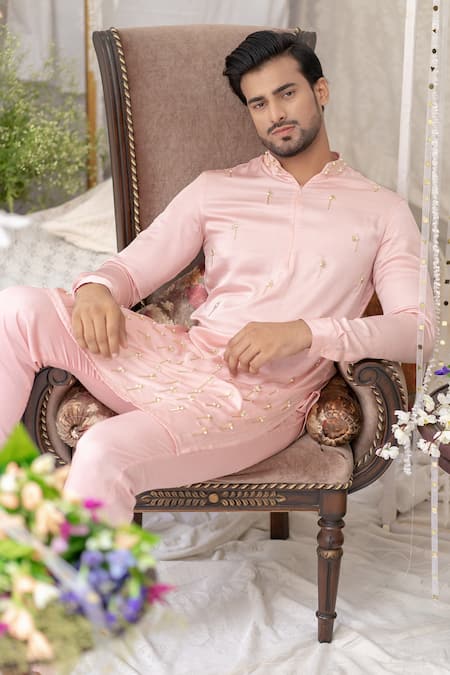 Buy_Runit Gupta_Coral Pure Cotton Embroidered Geometric Kurta Set _Online_at_Aza_Fashions