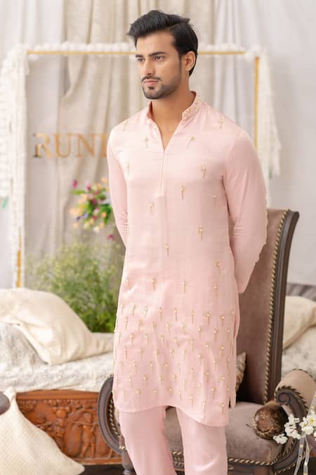 Shop_Runit Gupta_Coral Pure Cotton Embroidered Geometric Kurta Set _Online_at_Aza_Fashions