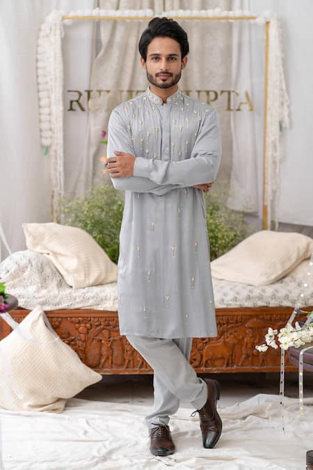 Runit Gupta_Gray Pure Cotton Embroidered Geometric Kurta Set For Kids_Online_at_Aza_Fashions
