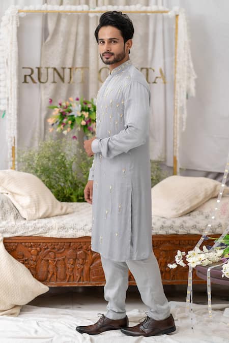 Buy_Runit Gupta_Gray Pure Cotton Embroidered Geometric Kurta Set For Kids_Online_at_Aza_Fashions