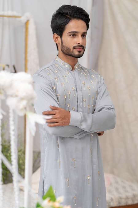 Shop_Runit Gupta_Gray Pure Cotton Embroidered Geometric Kurta Set For Kids_Online_at_Aza_Fashions