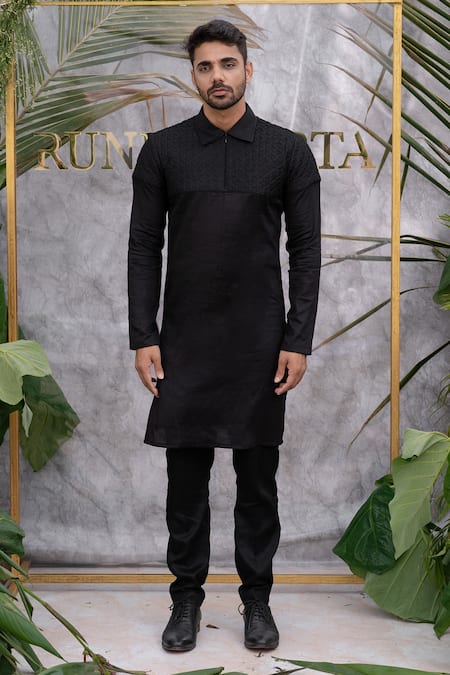 Runit Gupta Black Quilted Kurta Set For Kids