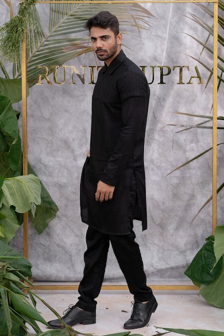 Runit Gupta_Black Pure Cotton Quilted Kurta Set_Online_at_Aza_Fashions