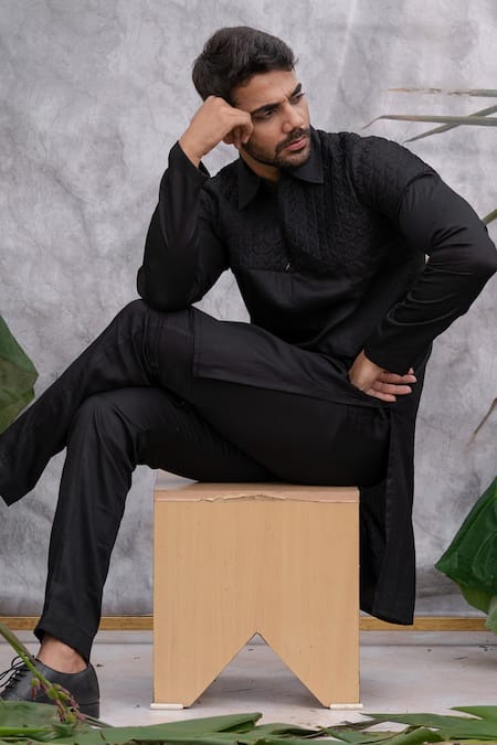 Buy_Runit Gupta_Black Pure Cotton Quilted Kurta Set_Online_at_Aza_Fashions