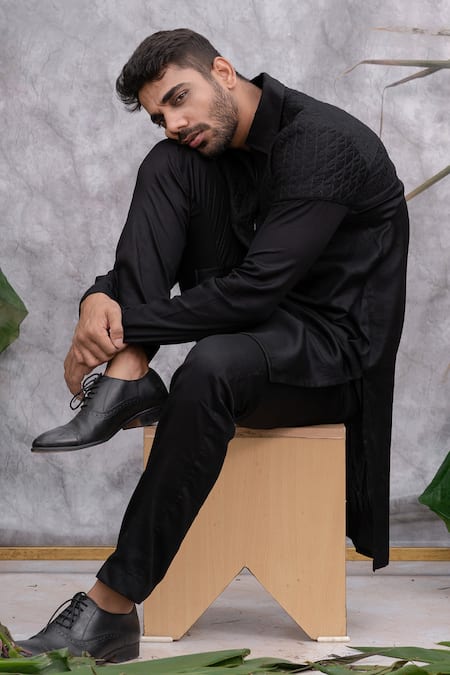 Shop_Runit Gupta_Black Pure Cotton Quilted Kurta Set_Online_at_Aza_Fashions