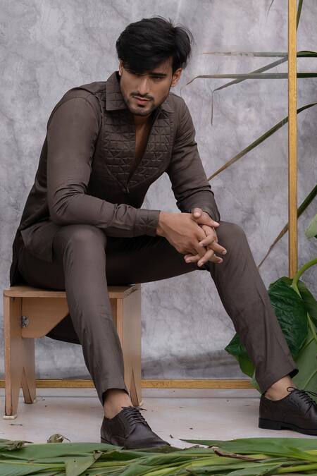 Shop_Runit Gupta_Brown Pure Cotton Quilted Kurta Set For Kids_Online_at_Aza_Fashions