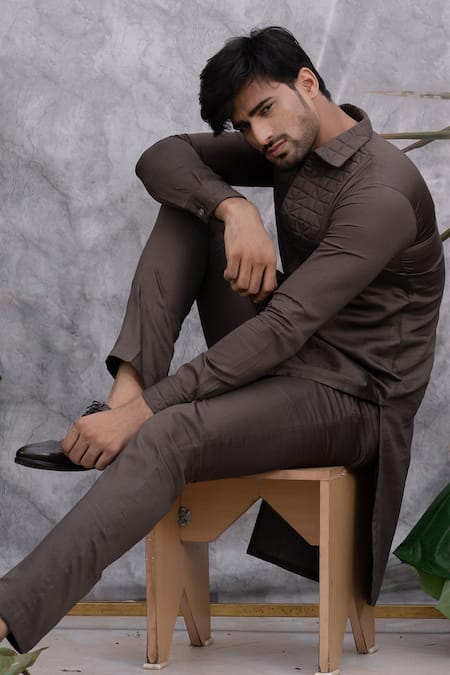 Runit Gupta_Brown Pure Cotton Quilted Kurta Set For Kids_at_Aza_Fashions