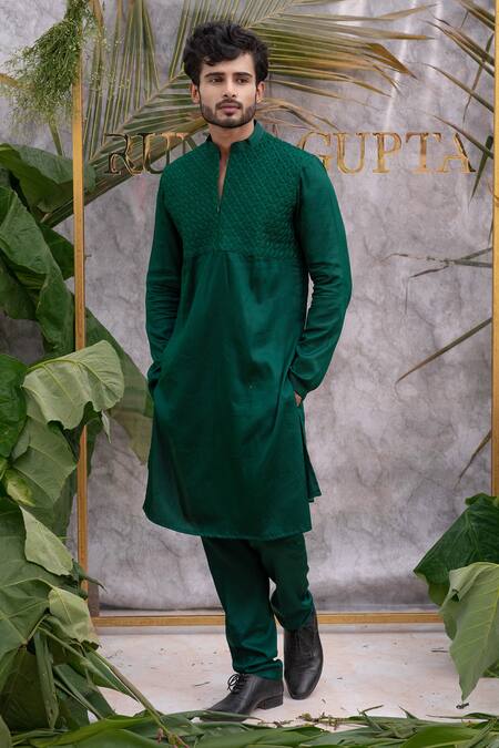 Runit Gupta_Green Pure Cotton Quilted Kurta Set _Online_at_Aza_Fashions