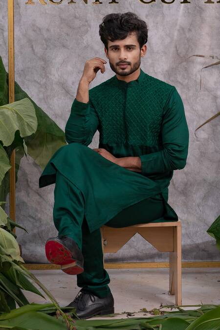 Buy_Runit Gupta_Green Pure Cotton Quilted Kurta Set _Online_at_Aza_Fashions