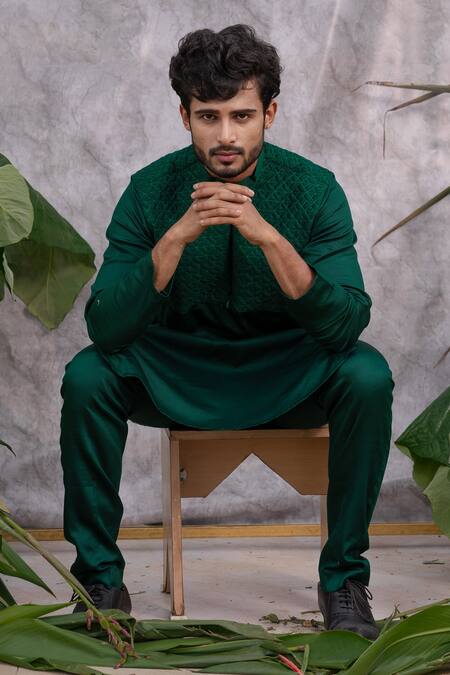 Shop_Runit Gupta_Green Pure Cotton Quilted Kurta Set _Online_at_Aza_Fashions