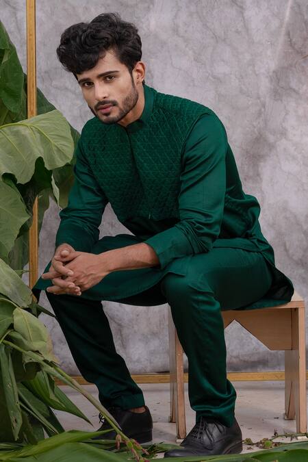Runit Gupta_Green Pure Cotton Quilted Kurta Set _at_Aza_Fashions