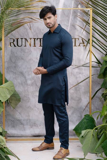 Runit Gupta_Blue Pure Cotton Quilted Kurta Set _Online_at_Aza_Fashions