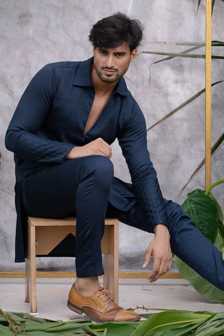 Buy_Runit Gupta_Blue Pure Cotton Quilted Kurta Set _Online_at_Aza_Fashions