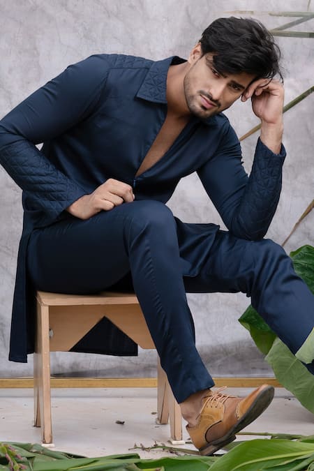 Shop_Runit Gupta_Blue Pure Cotton Quilted Kurta Set _Online_at_Aza_Fashions