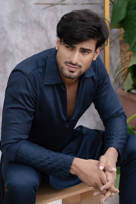 Runit Gupta_Blue Pure Cotton Quilted Kurta Set _at_Aza_Fashions