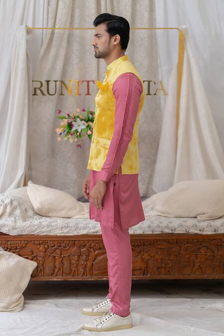 Runit Gupta Yellow Cotton Linen Tie Dye Bundi Online at Aza Fashions Runit Gupta_Yellow Cotton Linen Tie Dye Bundi _Online_at_Aza_Fashions