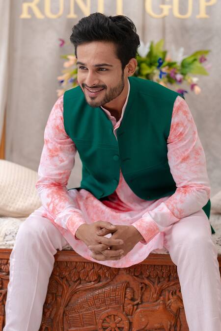 Shop Runit Gupta Green Cotton Linen Pintuck Bundi Online at Aza Fashions Shop_Runit Gupta_Green Cotton Linen Pintuck Bundi _Online_at_Aza_Fashions