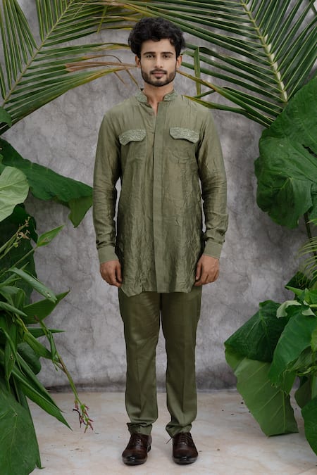 Buy_Runit Gupta_Green Cotton, Chanderi Silk Kurta Set_Online_at_Aza_Fashions