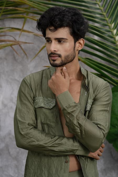 Runit Gupta_Green Cotton, Chanderi Silk Kurta Set_at_Aza_Fashions