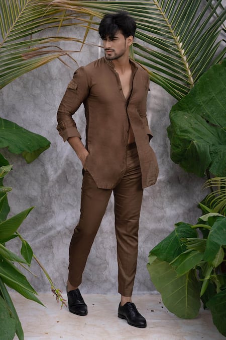 Runit Gupta_Brown Chanderi Silk Embroidered Kurta Set _Online_at_Aza_Fashions