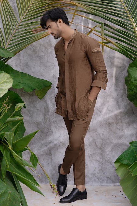 Buy_Runit Gupta_Brown Chanderi Silk Embroidered Kurta Set _Online_at_Aza_Fashions