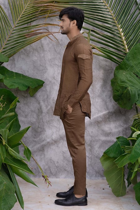 Shop_Runit Gupta_Brown Chanderi Silk Embroidered Kurta Set _Online_at_Aza_Fashions