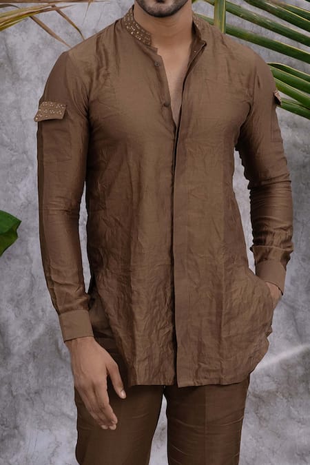 Runit Gupta_Brown Chanderi Silk Embroidered Kurta Set _at_Aza_Fashions