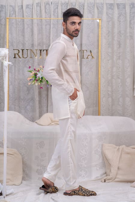 Runit Gupta_Ivory Cotton, Chanderi Silk Kurta Set_Online_at_Aza_Fashions